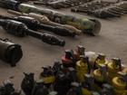 A cache of Hamas weapons is displayed at a military base in southern Israel on Oct. 20, 2023.