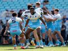 Manase Kaho and Jeremiah Simbiken of the Devils celebrate winning the NRL State Championship Grand Final.