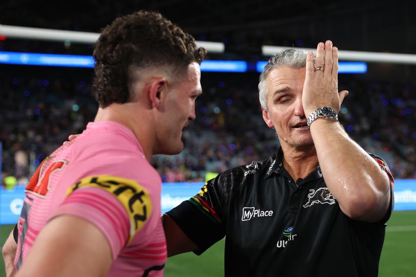 SYDNEY, AUSTRALIA - OCTOBER 06:  Nathan Cleary of the Panthers celebrates with his father and coach Ivan Cleary after winning the 2024 NRL Grand Final match between the Melbourne Storm and the Penrith Panthers at Accor Stadium on October 06, 2024, in Sydney, Australia. (Photo by Cameron Spencer/Getty Images)