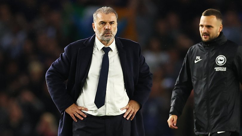 BRIGHTON, ENGLAND - OCTOBER 06: Ange Postecoglou, Manager of Tottenham Hotspur, shows dejection after the Premier League match between Brighton & Hove Albion FC and Tottenham Hotspur FC at Amex Stadium on October 06, 2024 in Brighton, England. (Photo by Bryn Lennon/Getty Images)