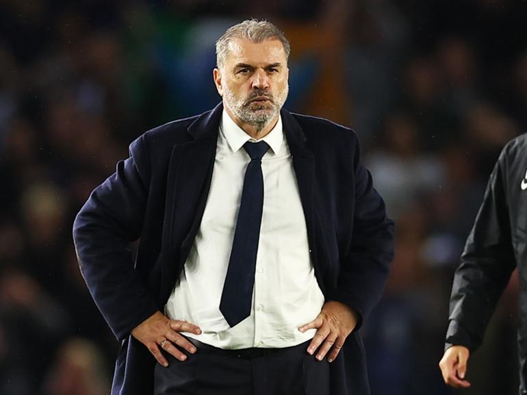 BRIGHTON, ENGLAND - OCTOBER 06: Ange Postecoglou, Manager of Tottenham Hotspur, shows dejection after the Premier League match between Brighton & Hove Albion FC and Tottenham Hotspur FC at Amex Stadium on October 06, 2024 in Brighton, England. (Photo by Bryn Lennon/Getty Images)