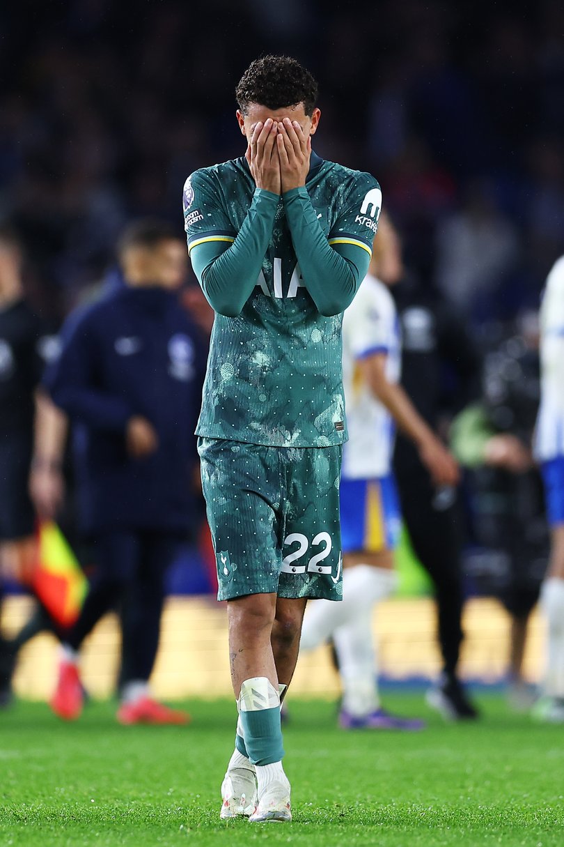 BRIGHTON, ENGLAND - OCTOBER 06: Brennan Johnson of Tottenham Hotspur shows dejection after the Premier League match between Brighton & Hove Albion FC and Tottenham Hotspur FC at Amex Stadium on October 06, 2024 in Brighton, England. (Photo by Bryn Lennon/Getty Images)