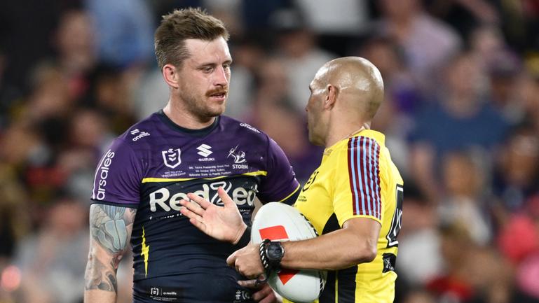 Cameron Munster speaks to referee Ashley Klein at full time.