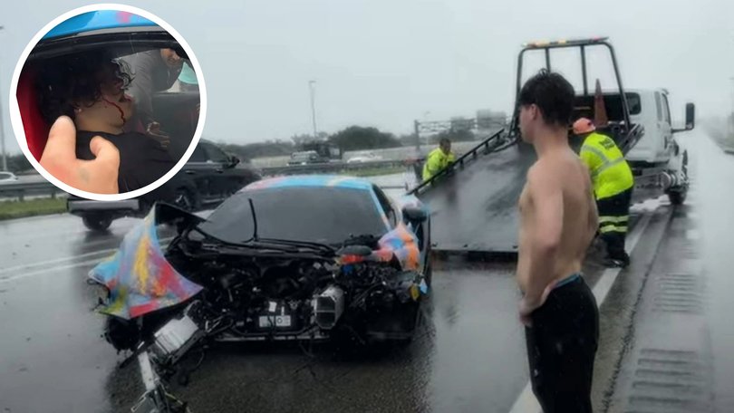 YouTuber Jack Doherty said he is ‘blessed to be alive’ after crashing his $300k McLaren on a wet road while live streaming.