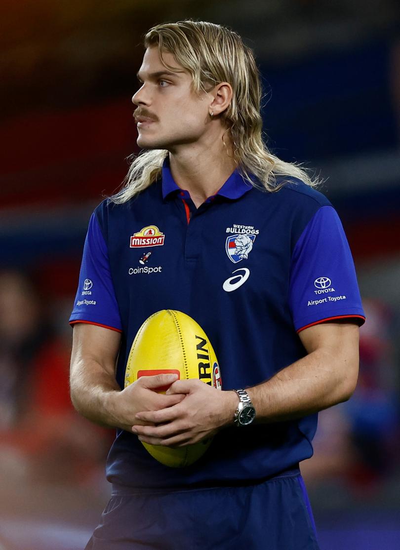 MELBOURNE, AUSTRALIA - APRIL 12: Bailey Smith of the Bulldogs is seen during the 2024 AFL Round 05 match between the Western Bulldogs and the Essendon Bombers at Marvel Stadium on April 12, 2024 in Melbourne, Australia. (Photo by Michael Willson/AFL Photos via Getty Images)