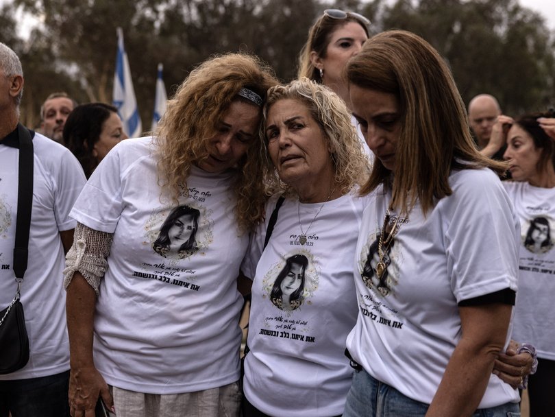 Family members and friends of victims of Hamas's attack last year visit the site of the Nova music festival on Oct 7.