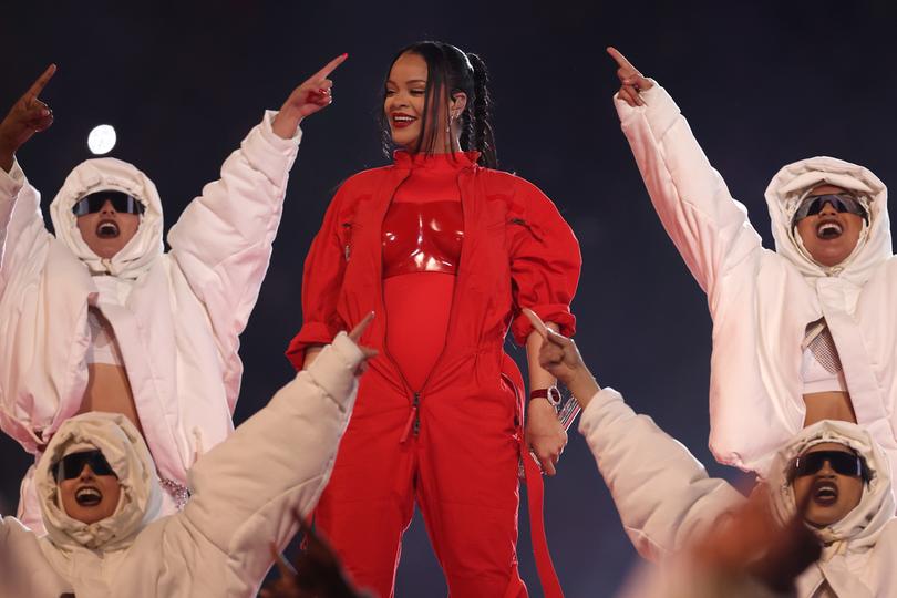 GLENDALE, ARIZONA - FEBRUARY 12: Rihanna performs onstage during the Apple Music Super Bowl LVII Halftime Show at State Farm Stadium on February 12, 2023 in Glendale, Arizona. (Photo by Gregory Shamus/Getty Images)