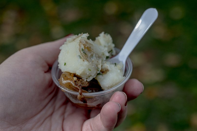 The winning dish was this stir-fry venison with onions and peppers, topped with potato. MUST CREDIT: Emily Kask for The Washington Post