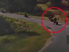 A motorbike rider veers into the opposite lane, narrowly missing three other riders at Mount Mee.