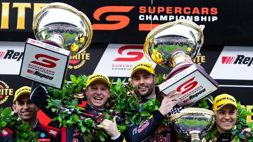 Red Bull Ampol Racing ‘s Will Brown and Scott Pye  celebrate their Sandown 500 win last month.