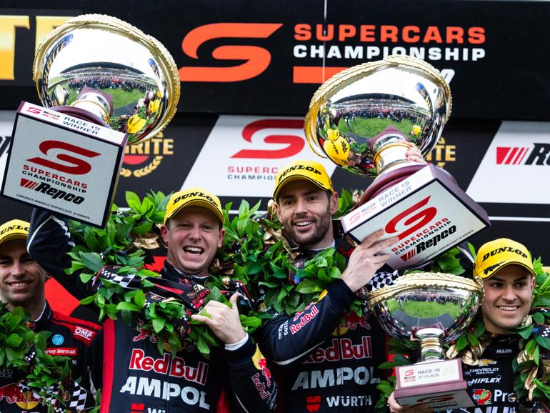 Red Bull Ampol Racing ‘s Will Brown and Scott Pye  celebrate their Sandown 500 win last month.