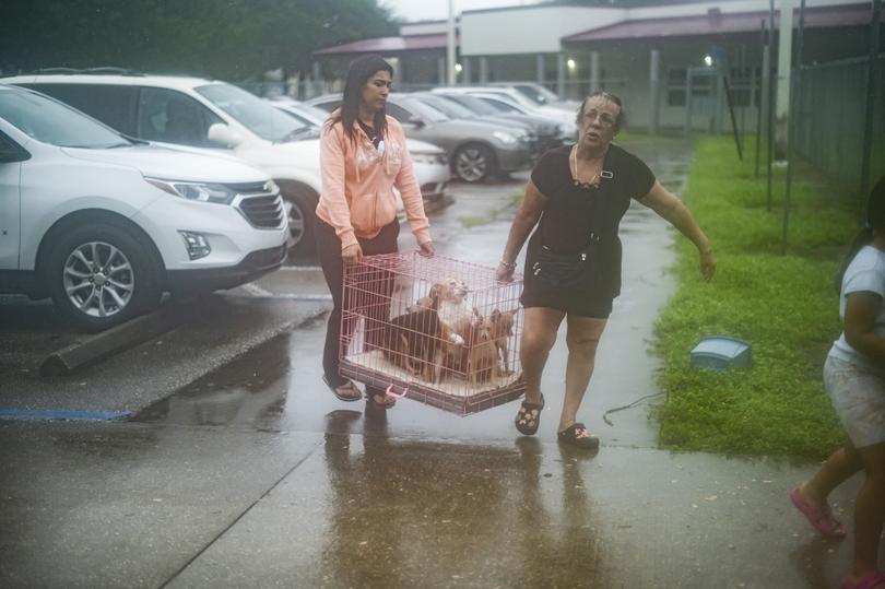 Paula Acosta, right, moves her dogs into Middleton High School as their family takes shelter from Hurricane Milton, in Tampa.