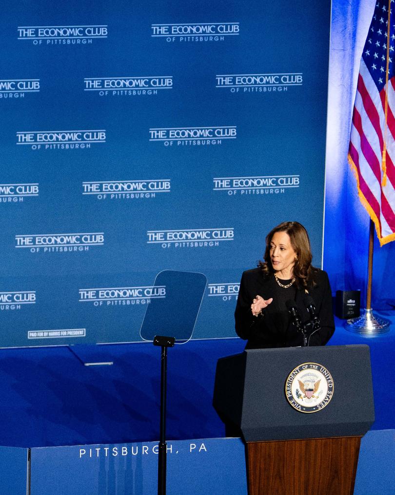 Vice President Kamala Harris, the Democratic presidential nominee, speaks at Carnegie Mellon University in Pittsburgh, Sept. 25, 2024. 