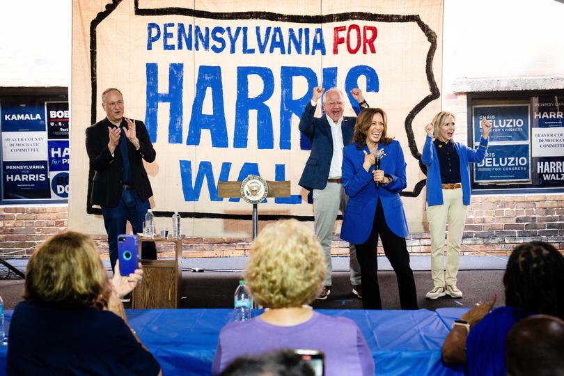 Vice President Kamala Harris, the Democratic presidential nominee, during a stop on their bus tour at a campaign office in Rochester, Pa., Aug. 18, 2024. 