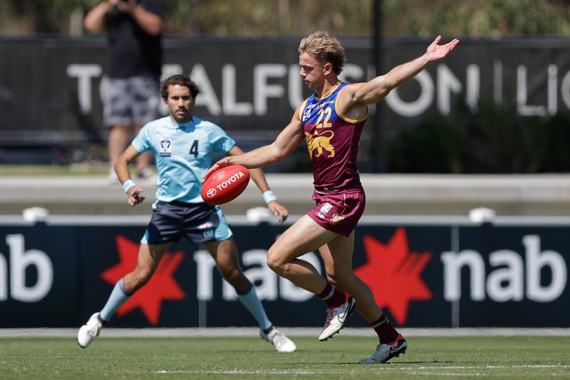 BRISBANE, AUSTRALIA - SEPTEMBER 07: Harry Sharp of the Lions kicks the ball during the 2024 VFL Second Semi Final match between the Brisbane Lions and Williamstown at Brighton Homes Arena on September 07, 2024 in Brisbane, Australia. (Photo by Russell Freeman/AFL Photos)