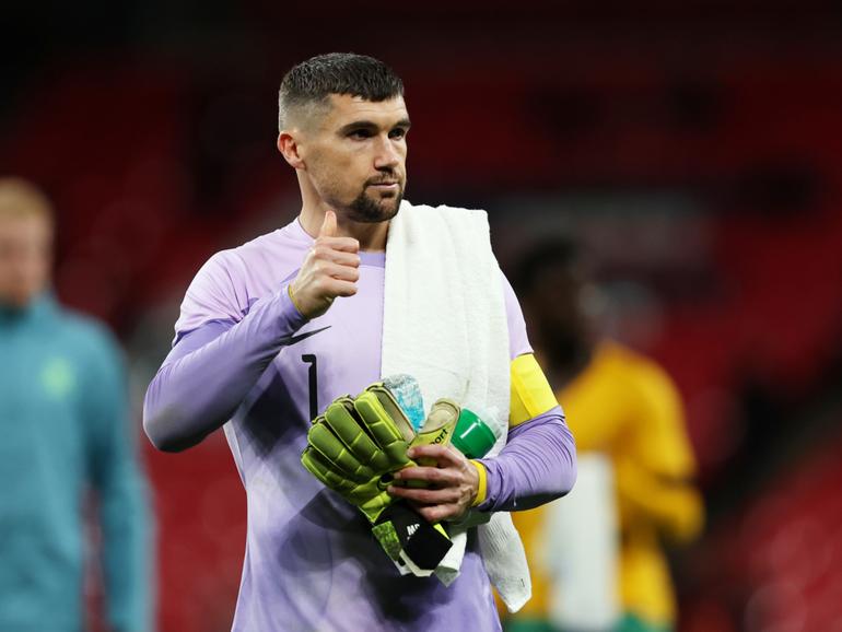 LONDON, ENGLAND - OCTOBER 13: Maty Ryan of Australia acknowledges the fans after the team's defeat during the international friendly match between England and Australia at Wembley Stadium on October 13, 2023 in London, England. (Photo by Tom Dulat/Getty Images)