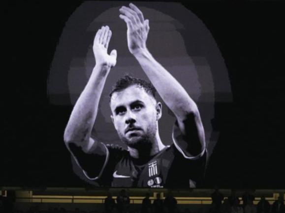 A portrait of George Baldock was shown before the clash between England and Greece at Wembley.  (AP PHOTO)