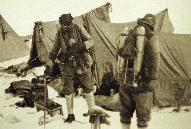 British climbers George Mallory and Andrew Irvine at base camp on their fatal Everest expedition in 1924.