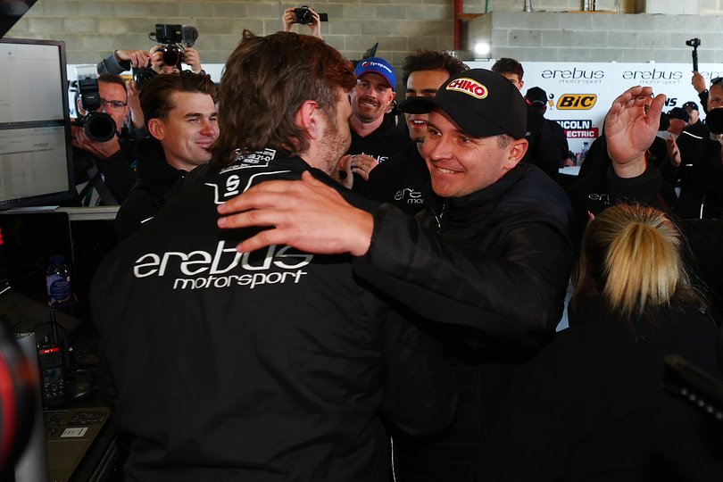 BATHURST, AUSTRALIA - OCTOBER 12: (EDITORS NOTE: A polarizing filter was used for this image.) Brodie Kostecki and Todd Hazelwood, co drivers of the Erebus Motorsport Chevrolet Camaro react to claiming Pole Position during the Top 10 Shootout for the Bathurst 1000, part of the 2024 Supercars Championship Series at Mount Panorama, on October 12, 2024 in Bathurst, Australia. (Photo by Morgan Hancock/Getty Images)