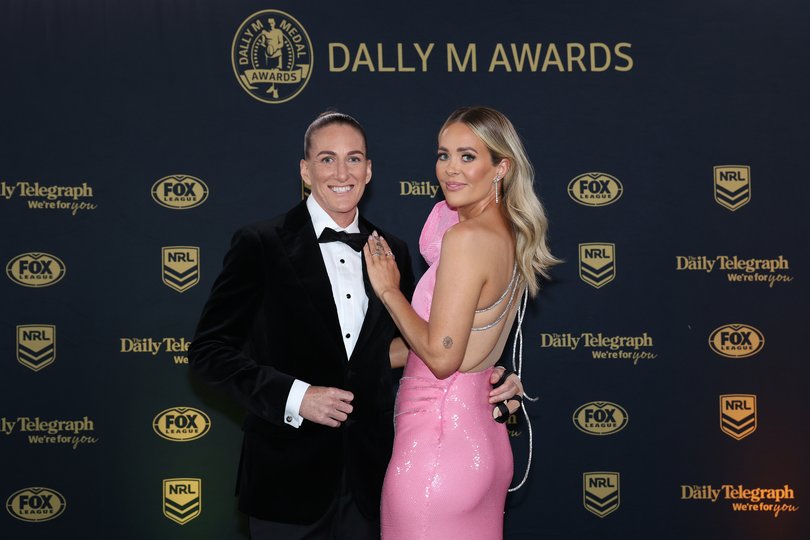 SYDNEY, AUSTRALIA - OCTOBER 02: Ali Brigginshaw of the Broncos and Kate Daly arrive ahead of the 2024 Dally M Awards at Royal Randwick Racecourse on October 02, 2024 in Sydney, Australia. (Photo by Mark Metcalfe/Getty Images)