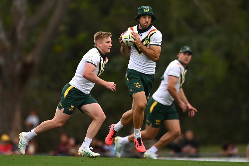 BRISBANE, AUSTRALIA - OCTOBER 13: Ben Hunt trains during a Australia Kangaroos training session at Norths Devils on October 13, 2024 in Brisbane, Australia. (Photo by Albert Perez/Getty Images)