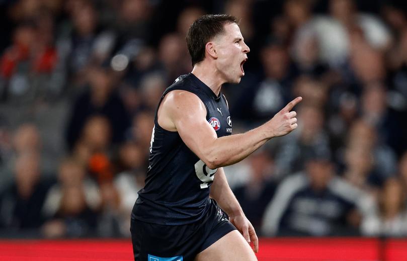 MELBOURNE, AUSTRALIA - AUGUST 25: Matthew Owies of the Blues celebrates a goal during the 2024 AFL Round 24 match between the Carlton Blues and the St Kilda Saints at Marvel Stadium on August 25, 2024 in Melbourne, Australia. (Photo by Michael Willson/AFL Photos)