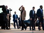 Vice President Kamala Harris, the Democratic presidential nominee, waves as she arrives in Raleigh, NC.