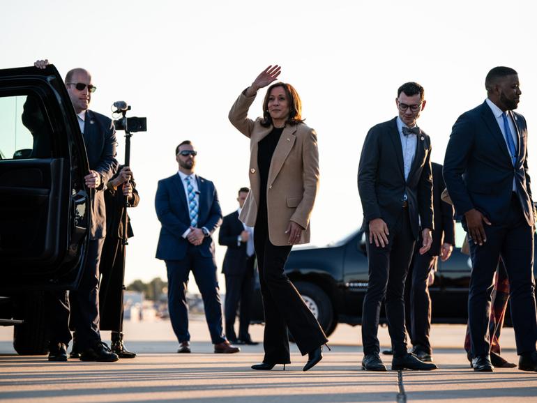 Vice President Kamala Harris, the Democratic presidential nominee, waves as she arrives in Raleigh, NC.