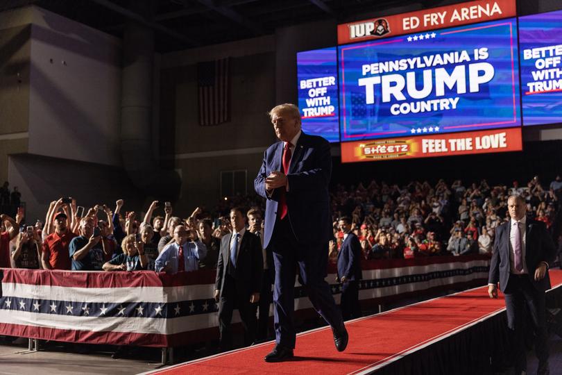 Former President Donald Trump, the Republican presidential nominee, arrives at a campaign rally in Indiana, Pa., Sept. 23, 2024. 