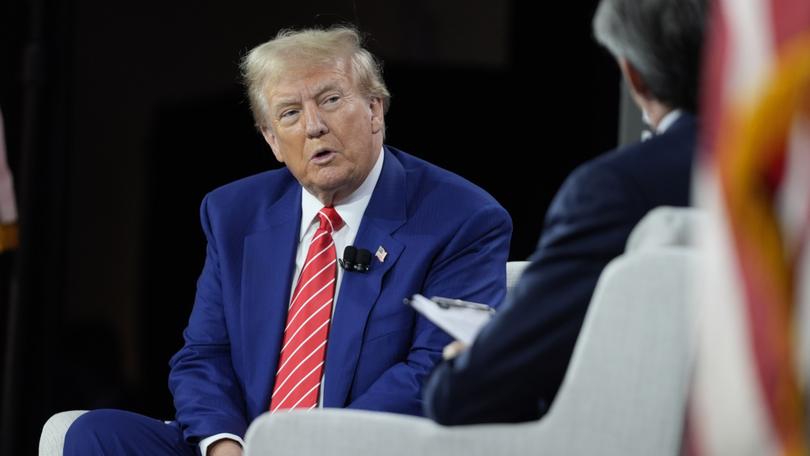 Republican presidential nominee former President Donald Trump speaks during an interview with Bloomberg News Editor-in-Chief John Micklethwait during an event with the Economic Club of Chicago, Tuesday, Oct. 15, 2024, in Chicago. (AP Photo/Evan Vucci)