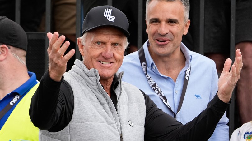 ADELAIDE, AUSTRALIA - APRIL 26: LIV golf boss Greg Norman and Premier of South Australia Peter Malinauskas during LIV Adelaide at The Grange Golf Club on April 26, 2024 in Adelaide, Australia. (Photo by Asanka Ratnayake/Getty Images)