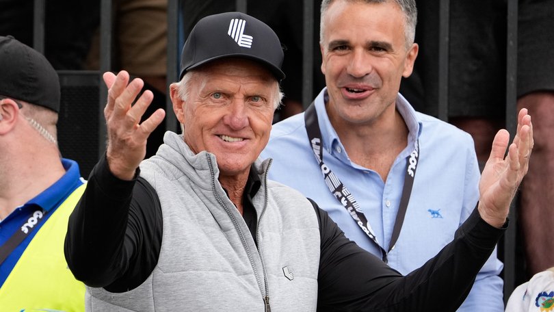 ADELAIDE, AUSTRALIA - APRIL 26: LIV golf boss Greg Norman and  Premier of South Australia Peter Malinauskas during LIV Adelaide at The Grange Golf Club on April 26, 2024 in Adelaide, Australia. (Photo by Asanka Ratnayake/Getty Images)