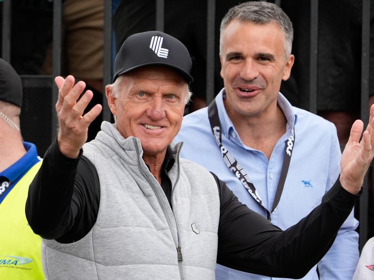 ADELAIDE, AUSTRALIA - APRIL 26: LIV golf boss Greg Norman and  Premier of South Australia Peter Malinauskas during LIV Adelaide at The Grange Golf Club on April 26, 2024 in Adelaide, Australia. (Photo by Asanka Ratnayake/Getty Images)