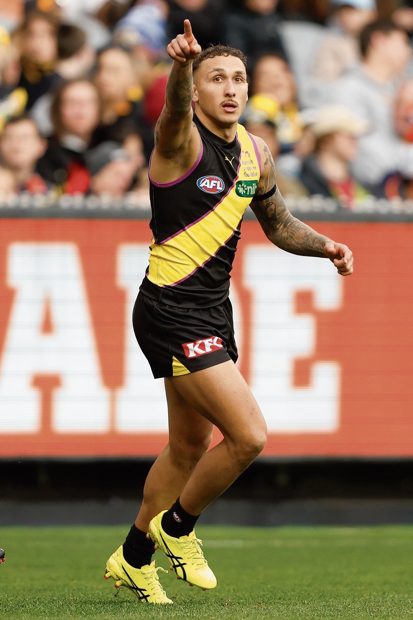 MELBOURNE, AUSTRALIA - JULY 14:  Shai Bolton of the Tigers  celebrates a goal during the round 18 AFL match between Richmond Tigers and Greater Western Sydney Giants at Melbourne Cricket Ground, on July 14, 2024, in Melbourne, Australia. (Photo by Darrian Traynor/AFL Photos)