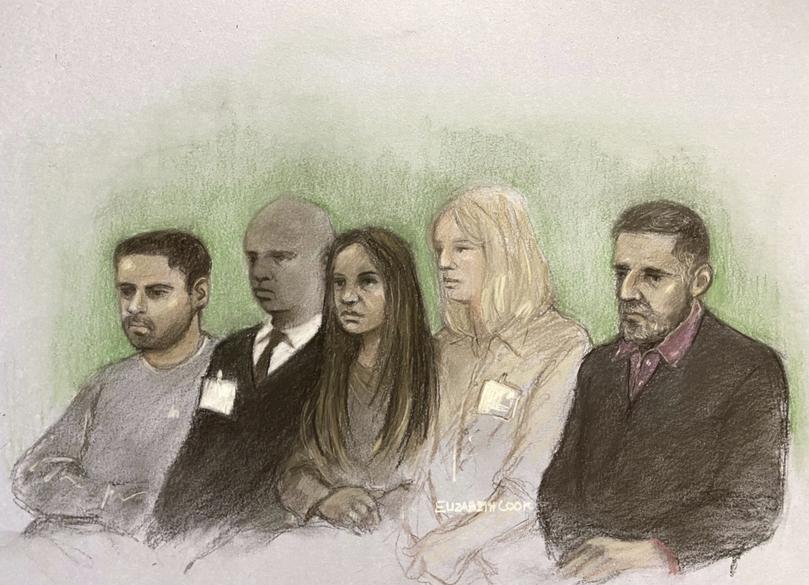 A court artist drawing of Sara Sharif's father Urfan Sharif right, her uncle Faisal Malik, left, and stepmother Beinash Batool.