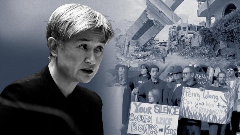 Foreign minister Penny Wong was forced to leave the stage during a speech in Tasmania after being repeatedly disrupted by pro-Palestinian protesters. 