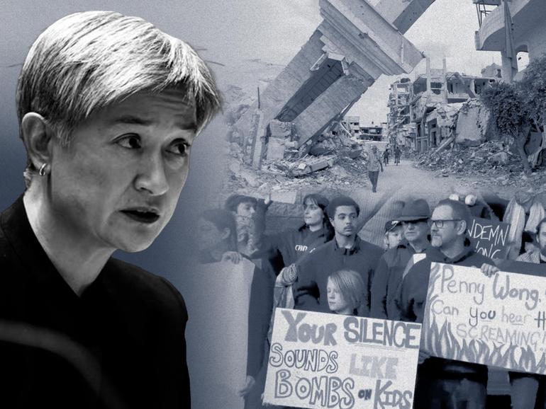 Foreign minister Penny Wong was forced to leave the stage during a speech in Tasmania after being repeatedly disrupted by pro-Palestinian protesters. 