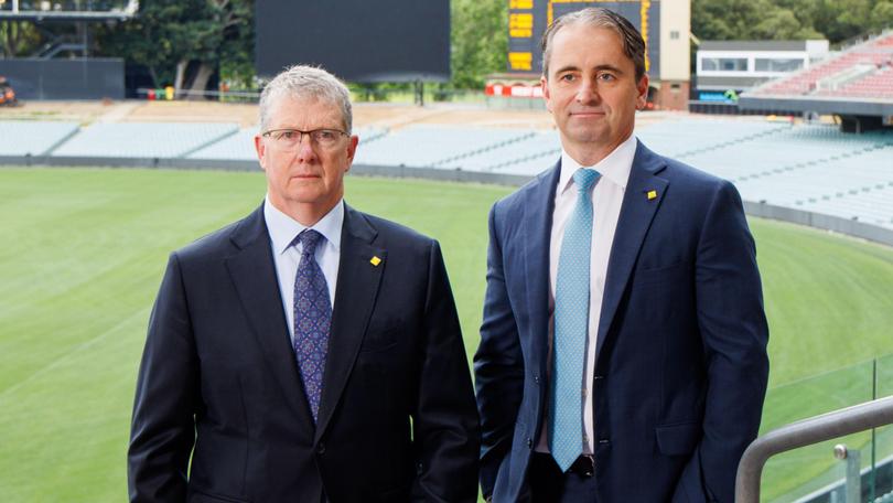 CBA chairman Paul O’Malley, left, with chief executive Matt Comyn, in Adelaide for the bank’s annual meeting.