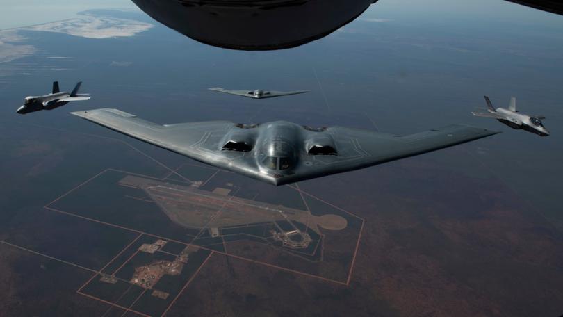 Two US Air Force B-2 Spirit Stealth Bombers in action during exercises in Australia in 2022.