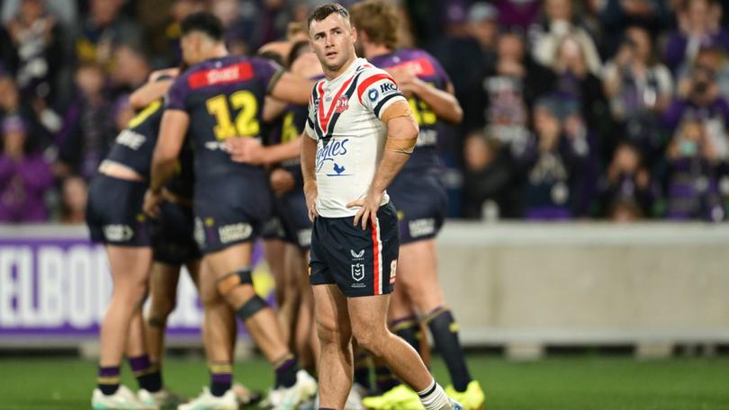 MELBOURNE, AUSTRALIA - SEPTEMBER 27: Sandon Smith of the Roosters looks on during the NRL Preliminary Final match between the Melbourne Storm and Sydney Roosters at AAMI Park on September 27, 2024 in Melbourne, Australia. (Photo by Quinn Rooney/Getty Images)