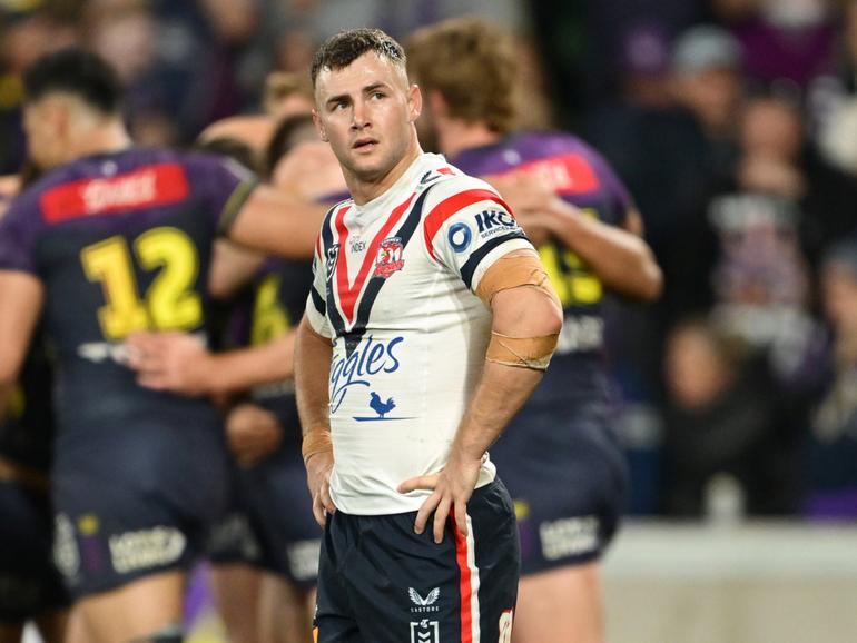 MELBOURNE, AUSTRALIA - SEPTEMBER 27: Sandon Smith of the Roosters looks on during the NRL Preliminary Final match between the Melbourne Storm and Sydney Roosters at AAMI Park on September 27, 2024 in Melbourne, Australia. (Photo by Quinn Rooney/Getty Images)