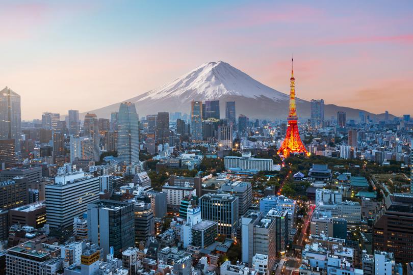 Mt Fuji and the Tokyo skyline.