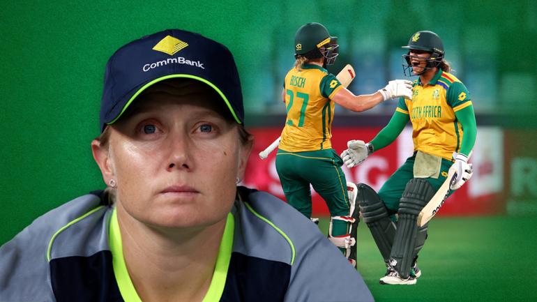 Alyssa Healy regrets having not played and South Africa celebrating their win.