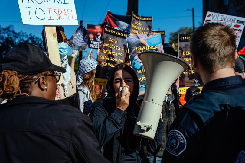 A group of pro-Palestinian protesters march outside of Northwestern High School prior to Democratic Presidential nominee Vice President Kamala Harris’s campaign stop in Detroit, on September 2.