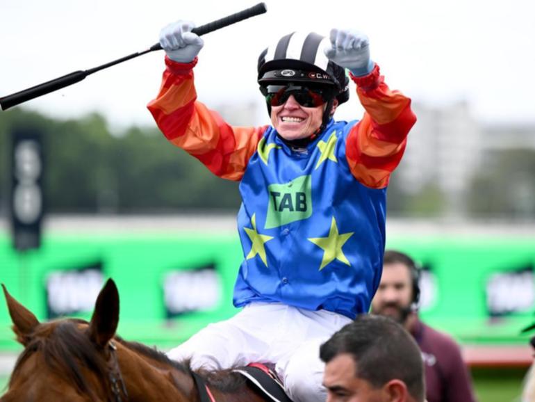 Jockey Craig Williams celebrates his great ride on Bella Nipotina in The Everest. (Bianca De Marchi/AAP PHOTOS)