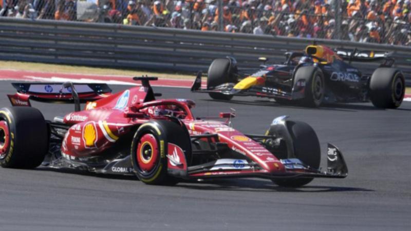 Charles Leclerc leads Max Verstappen on his way to victory in the US Grand Prix in Texas.