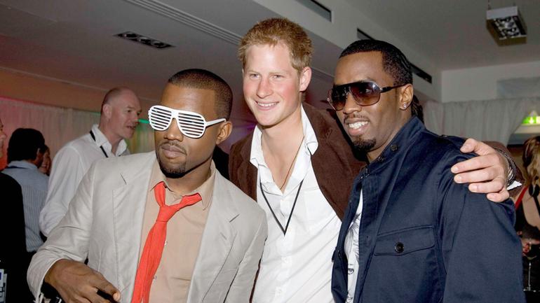 Prince Harry, centre, poses for a photograph with Sean ‘Diddy’ Combs, right, and Kanye West, left, in 2007.