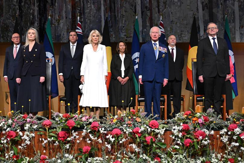 Jodie Haydon, Queen Camilla, King Charles III and Anthony Albanese at the Parliamentary reception.