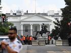 Fencing is put up along H Street NW to block access to Lafayette Square in Washington in June 2020. 