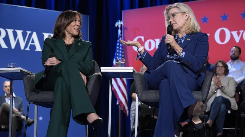 Former Republican Congresswoman Liz Cheney (right) and Democratic presidential nominee Vice President Kamala Harris have joined forces in Royal Oak, Michigan. 